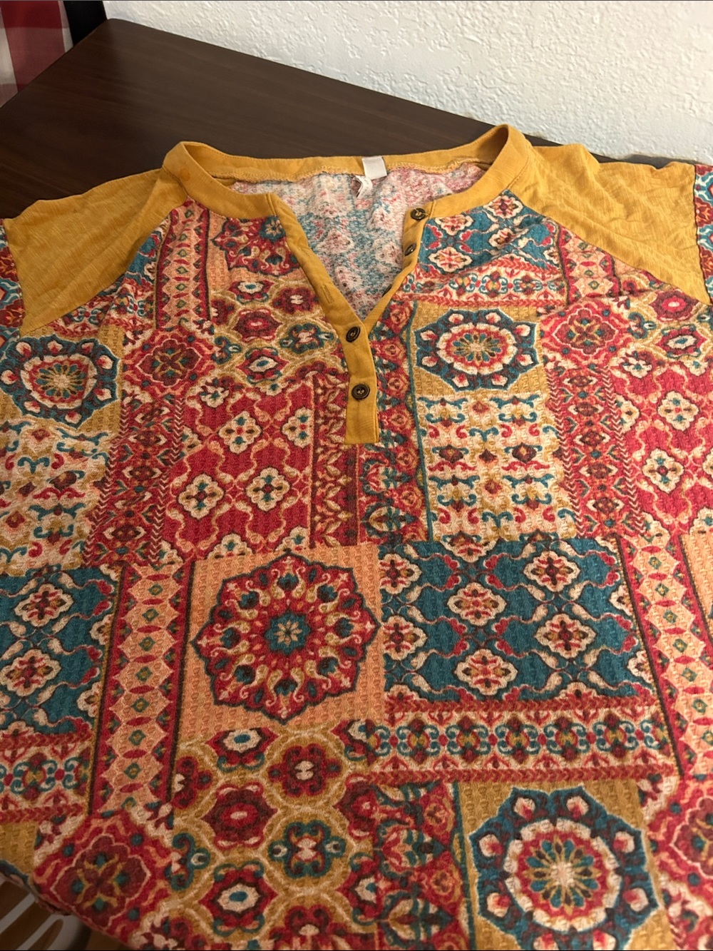 9 Cato Mustard Trim Knit Henley Top with Multicolor Knit